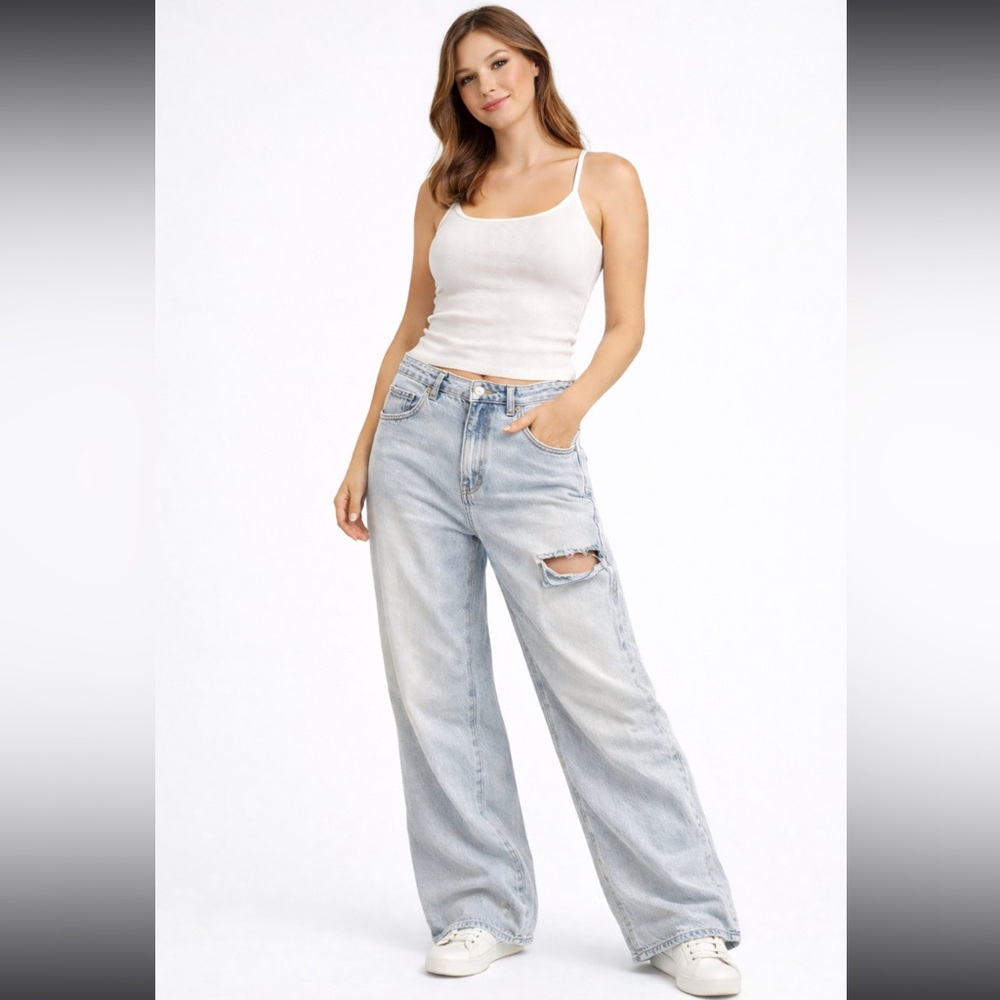 Forever 21 Light Blue Distressed Wide Leg Jeans